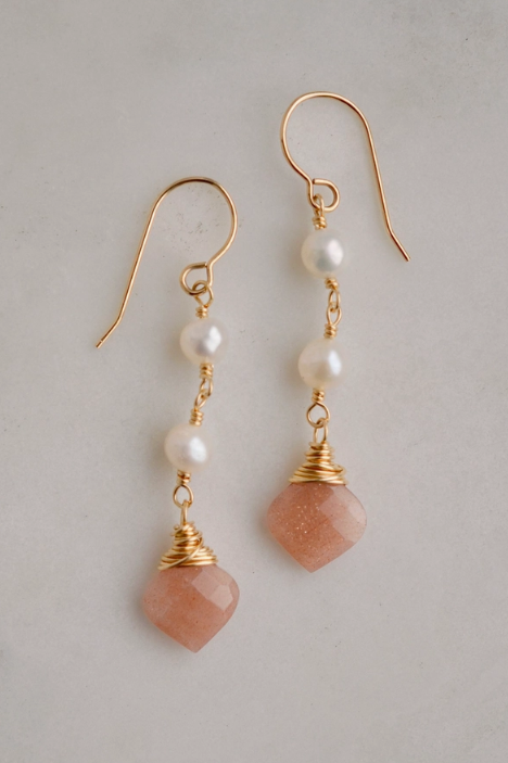 PEACH MOONSTONE AND PEARL GOLD EARRINGS