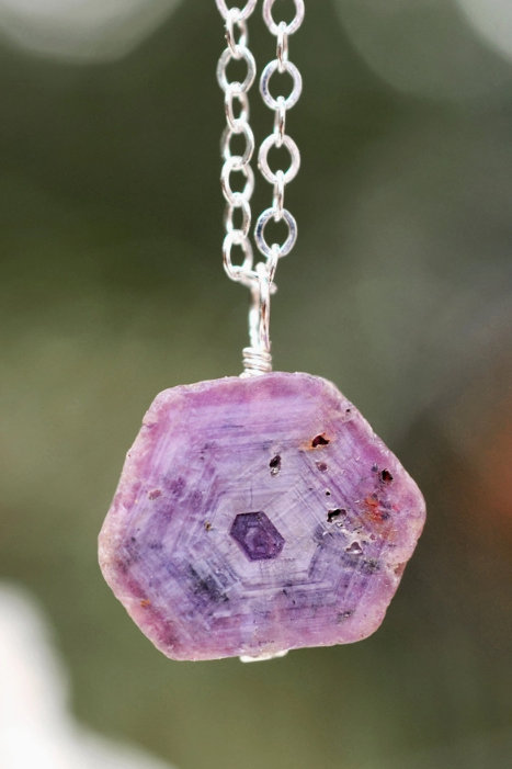 RAW RUBY HEXAGONAL SLICE STERLING SILVER NECKLACE