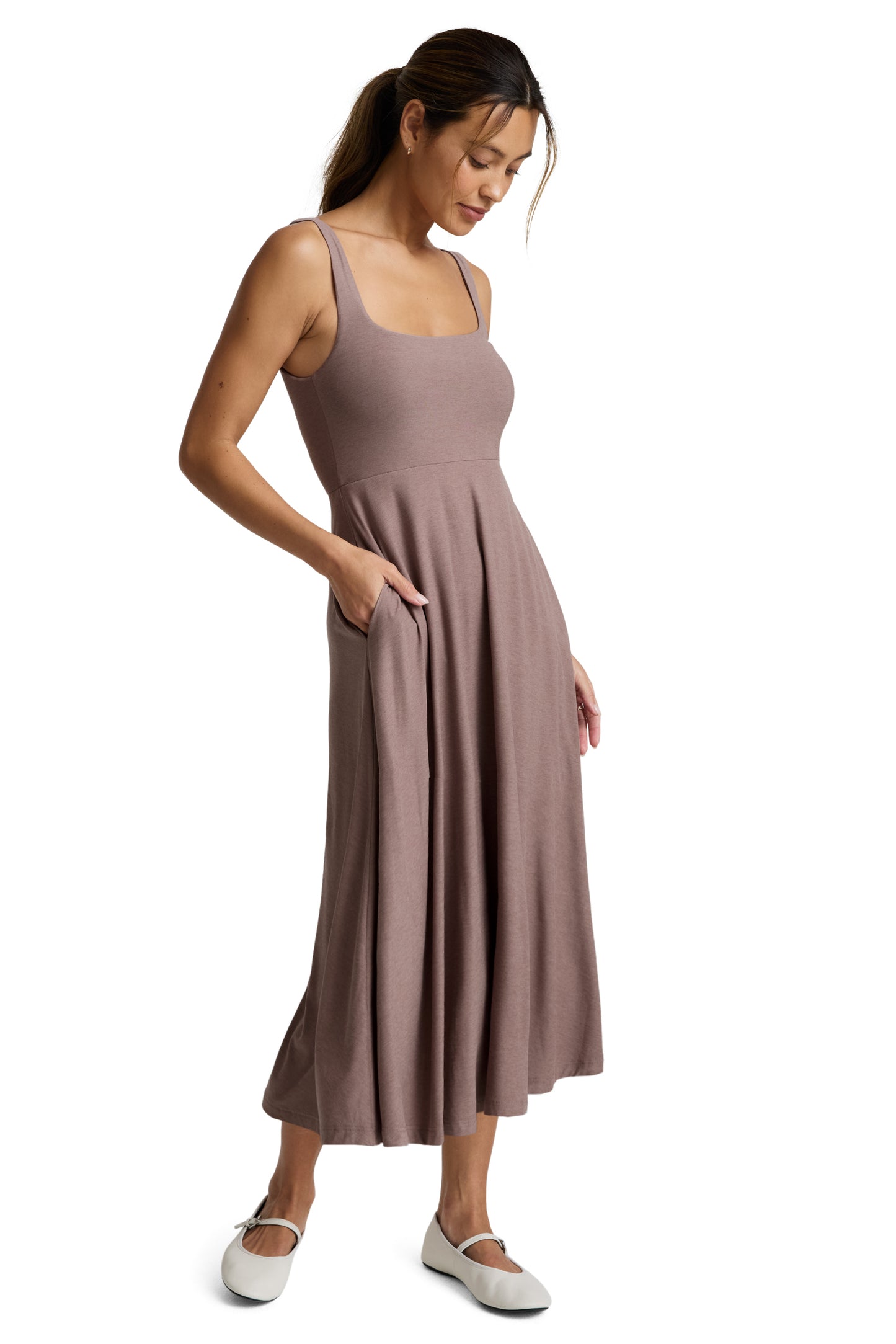 AT THE READY SQUARE NECK SPACEDYE DRESS ROSEY TAUPE