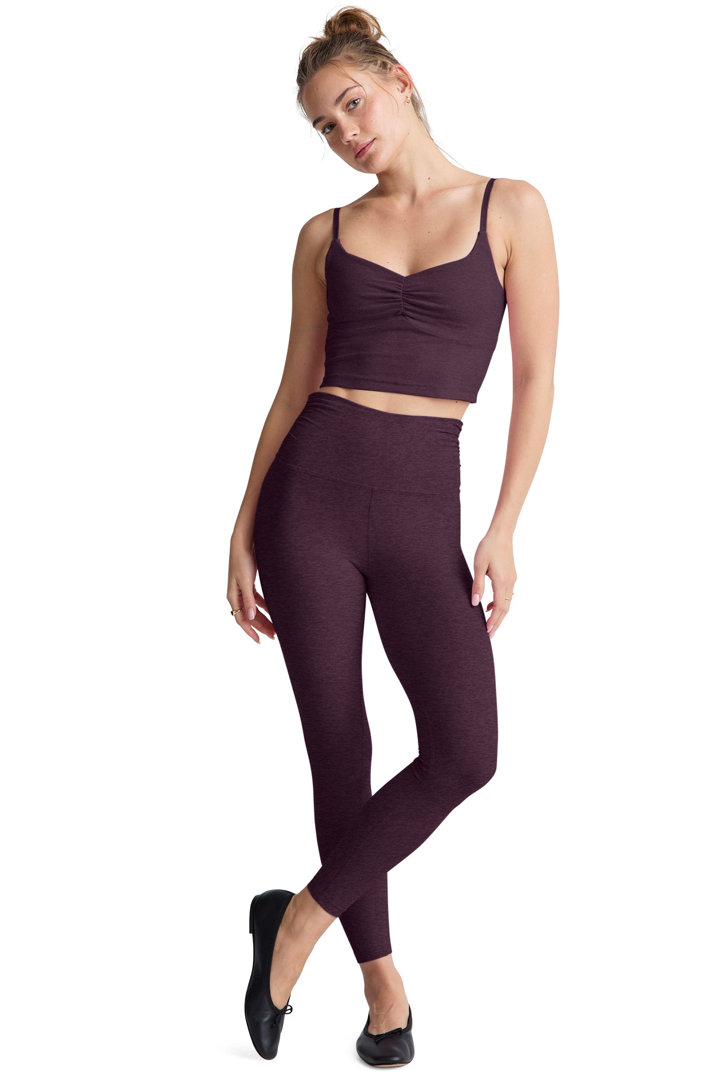 RAISE THE BARRE SHIRRED CROPPED TANK EGGPLANT PURPLE