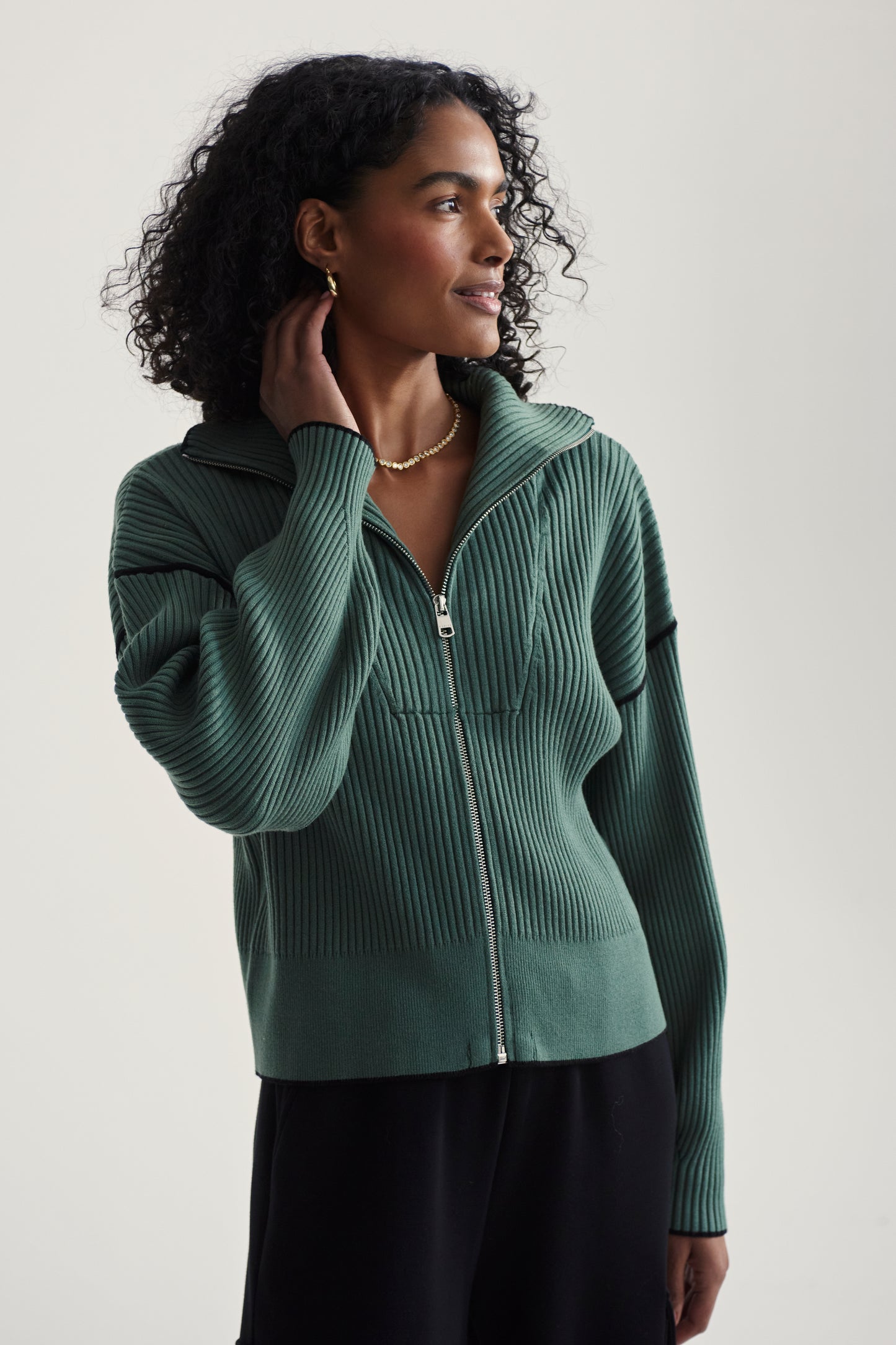 CARMEN KNIT ZIP SMOKE PINE