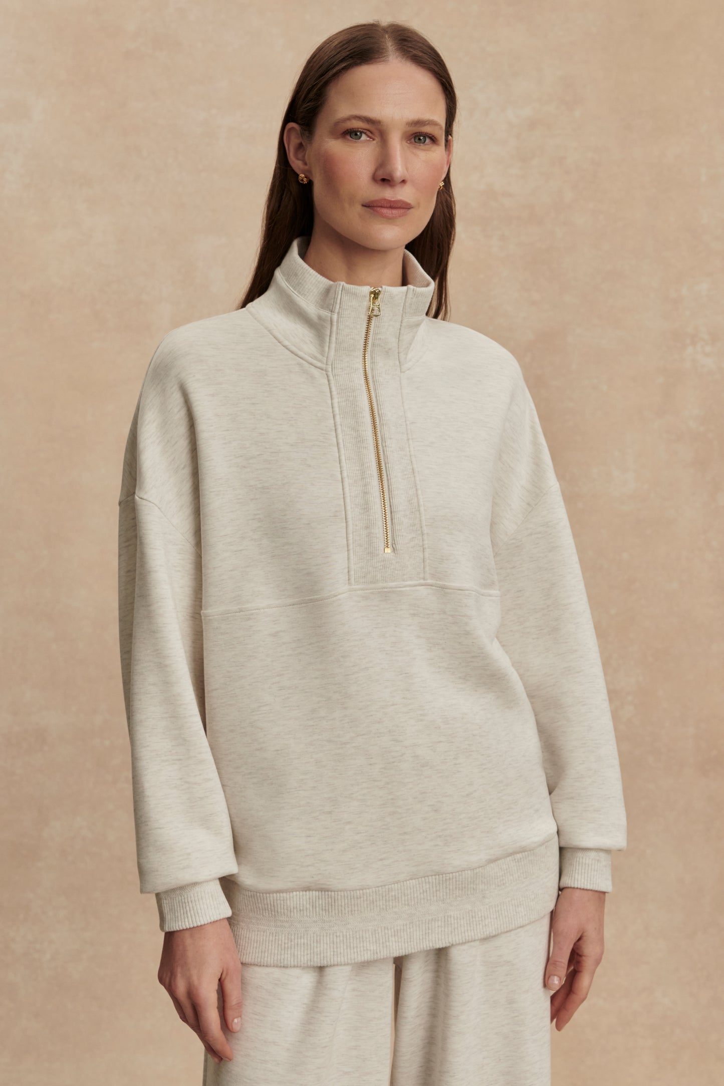 MOLLY HALF ZIP LONGLINE SWEAT IVORY MARL