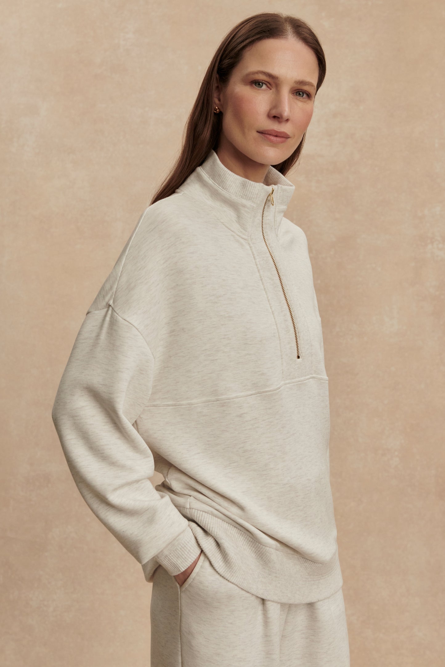 MOLLY HALF ZIP LONGLINE SWEAT IVORY MARL
