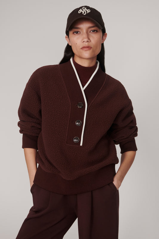 BRENNA BUTTON FRONT FLEECE MAHOGANY